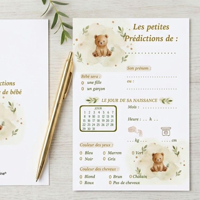 Carte prédiction naissance, Pronostiques, aninmation baby shower et gender reveal - Ourson - EP6 Carte prédiction naissance, Pronostiques, aninmation baby shower et gender reveal - Ourson - EP6