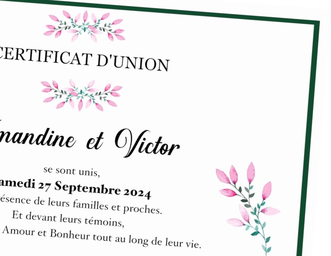 Certificat de mariage ou d'union personnalisé - cérémonie Laïque - mariage champêtre - Modèle Romance fleurie - epc