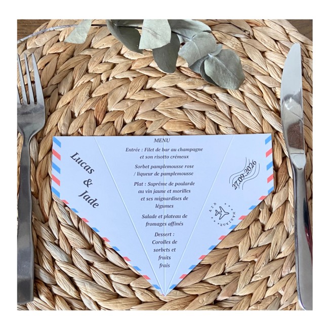 Menu origami avion pour mariage ou anniversaire thème Destination/Voyage, Blanc ou kraft naturel - epd