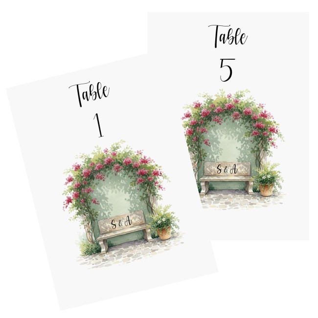 Carte Numéro de table personnalisée pour Mariage ou anniversaire Champêtre romantique - Motif Banc des amoureux - EPD