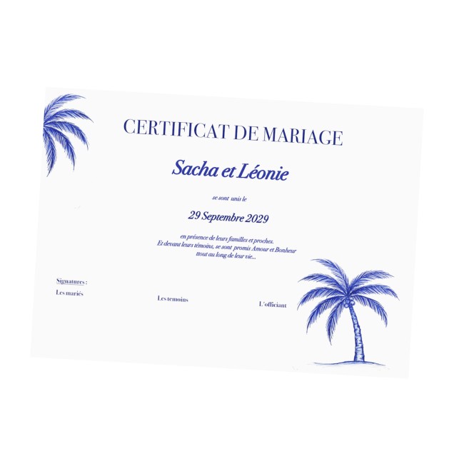 Certificat de mariage ou d'union, cérémonie laïque, mariage Thème Tropical plage, motif palmier bleu -  Chic Azuréen - EPD