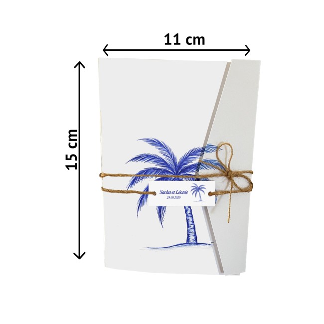 Faire-part Pochette pour mariage thème Plages et Tropiques - Motif palmier bleu - Modèle Chic Azuréen - EP5