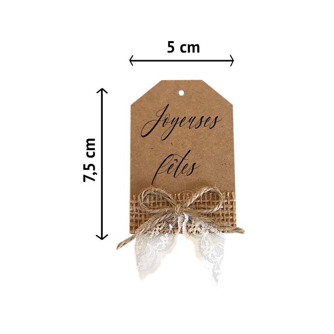 Etiquettes  Joyeuses fêtes - Emballage cadeau Noël - Lot de 8 - Kraft naturel, jute et dentelle - ep3