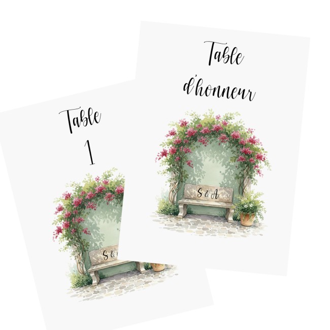 Carte Numéro de table personnalisée pour Mariage ou anniversaire Champêtre romantique - Motif Banc des amoureux - EPE