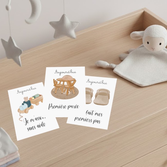 Cartes Etapes bébé - Souvenir photo - 1ère année ou 1ère fois de bébé - Motif enfantin vintage - EPE