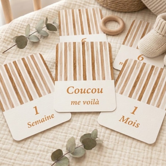 Cartes Etapes bébé - Souvenir photo - 1ère année ou 1ère fois de bébé - Motifs Rayés - EP1