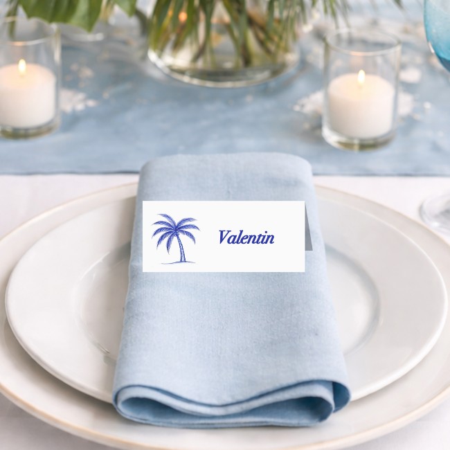 Marque-Place pour Mariage ou anniversaire thème Plage et tropique - Motif palmier bleu - EP2 Marque-Place pour Mariage ou anniversaire thème Plage et tropique - Motif palmier bleu - EP2