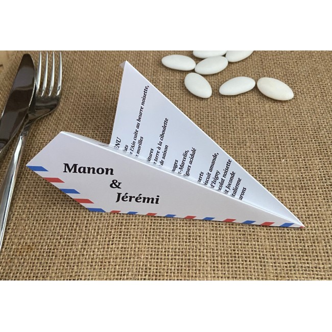 Menu origami avion pour mariage ou anniversaire thème Destination/Voyage, Blanc ou kraft naturel - epP