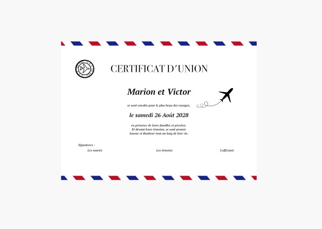 Certificat de mariage ou d'union pour cérémonnie laïque, Mariage thème Destination/voyage - Style Billet d'avion - EPC