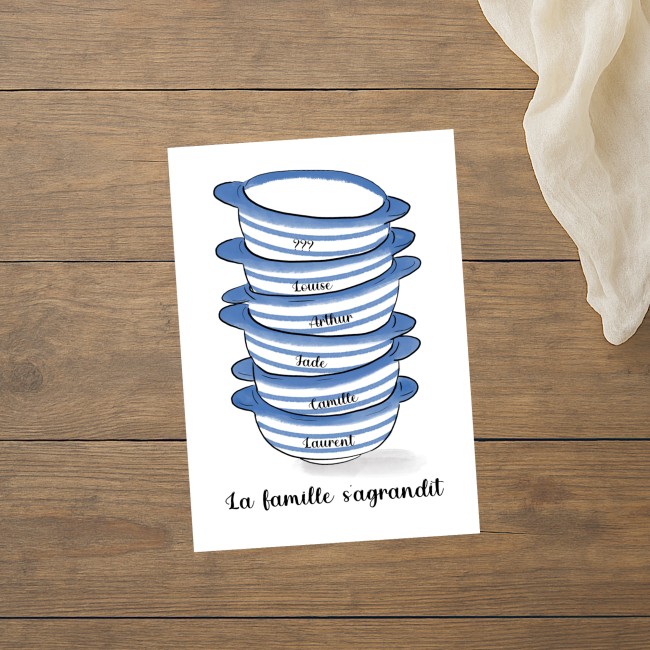Carte annonce grossesse originale - La famille s'agrandit - Petits bols bretons Rayés Bleu et blanc - EP4
