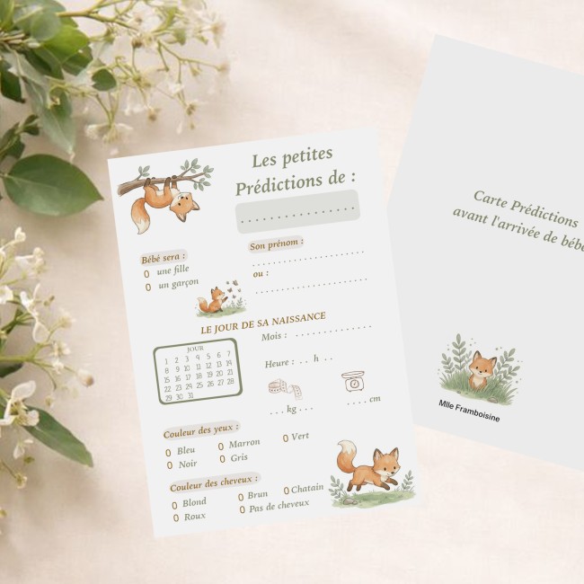 Carte prédiction naissance, Pronostiques, aninmation baby shower et gender reveal - Motif Petit renard - EP1