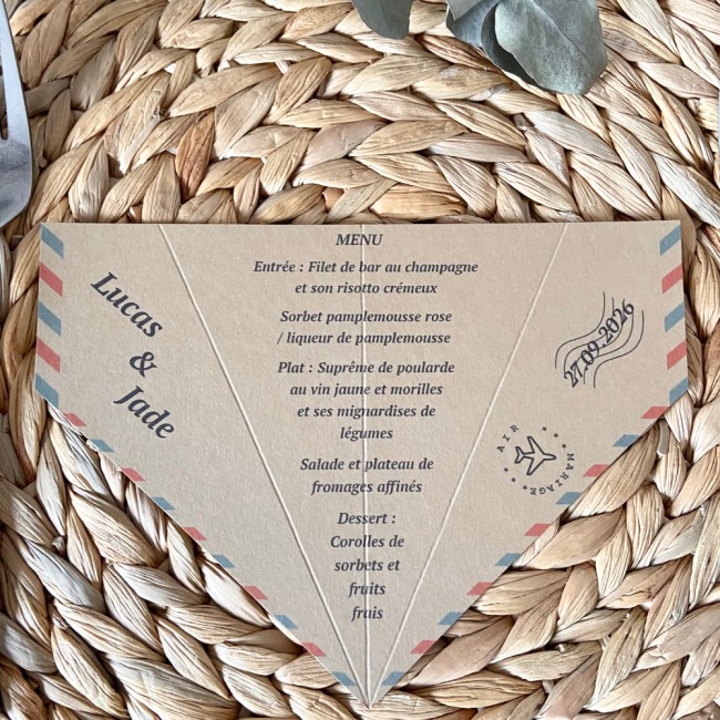 Menu origami avion pour mariage ou anniversaire thème Destination/Voyage, Blanc ou kraft naturel - epf
