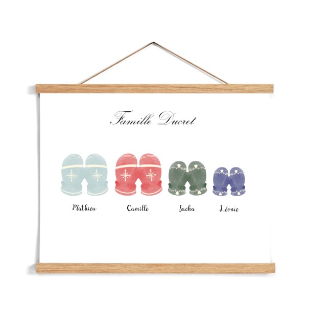 Affiche Famille personnalisée -Décoration de Noël personnalisé -  Cadeau de Noël Motif Aquarelle Moufles - EP6