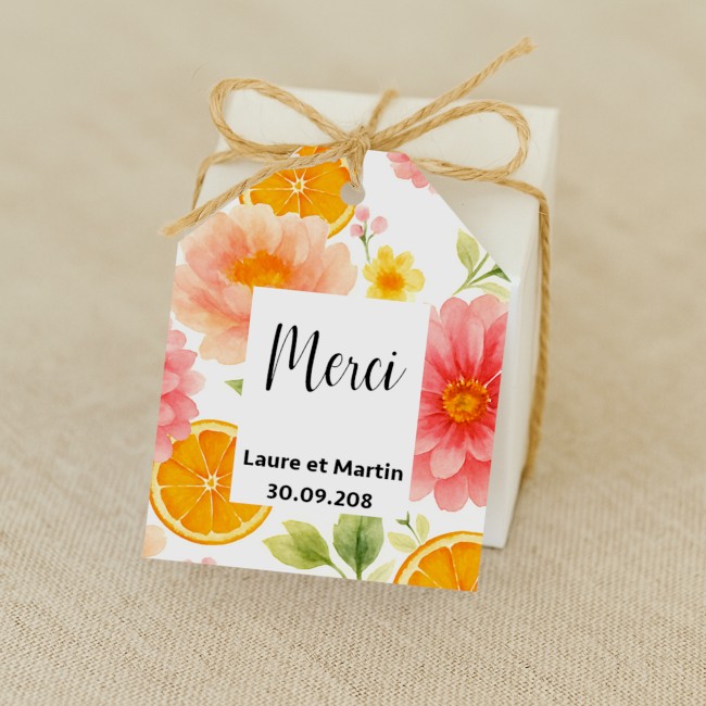 Etiquette MERCI pour Mariage ou anniversaire thème Florale - Motif agrumes, Orange et fleurs colorées  - Ep2
