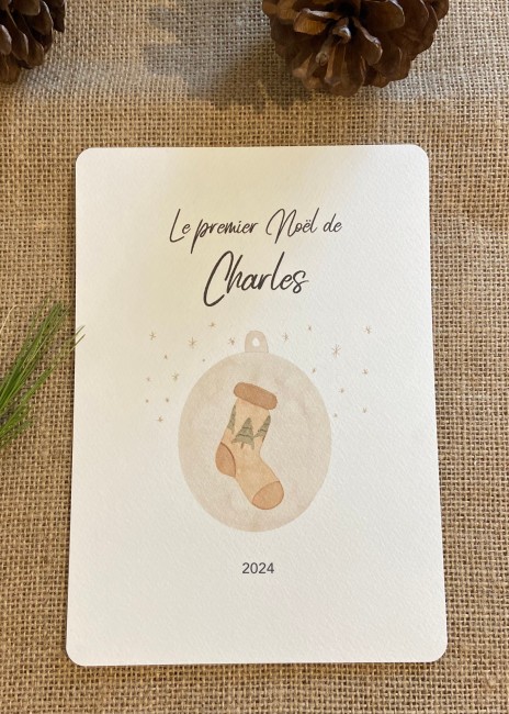 Carte Mon Premier Noël personnalisée - Motif vintage Boule et chaussette de Noël - Souvenir 1er Noël de bébé - EP2
