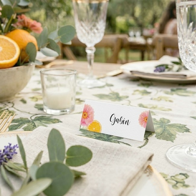 Marque-Place personnalisé pour Mariage Floral, nature - Motif Agrumes, Orange et fleurs colorées - EP2 Marque-Place personnalisé pour Mariage Floral, nature - Motif Agrumes, Orange et fleurs colorées - EP2