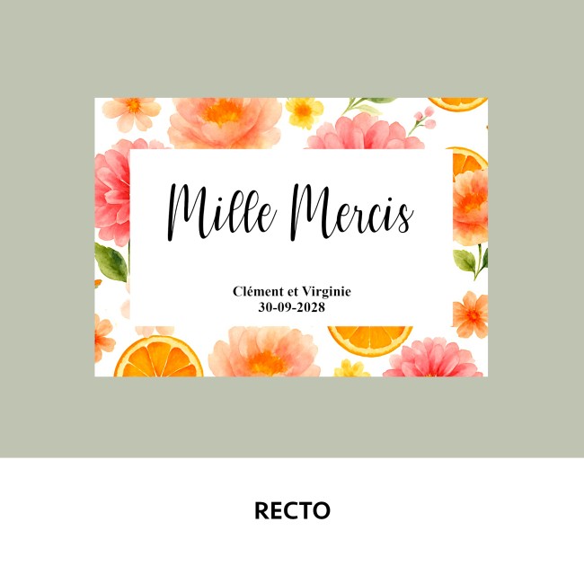 Carte de remerciements personnalisée pour mariage Thème Nature, floral, Modèle Orange florale - EP2