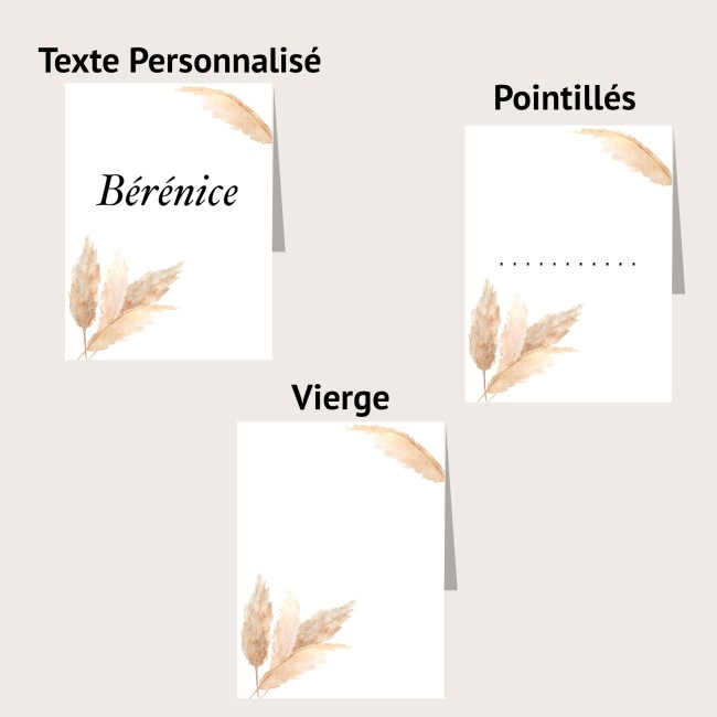 Marque-Place chevalet pour mariage ou  anniversaire, thème Champêtre, bohème - Motif Herbe de la Pampa - EPC