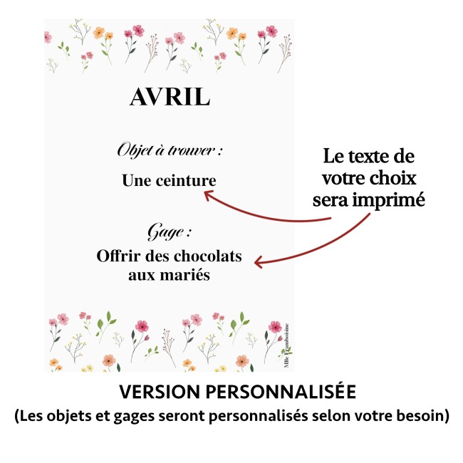 Jeu des 12 mois - Animation mariage Bohème - Gages mariage - Motif Petites fleurs des champs - EP6