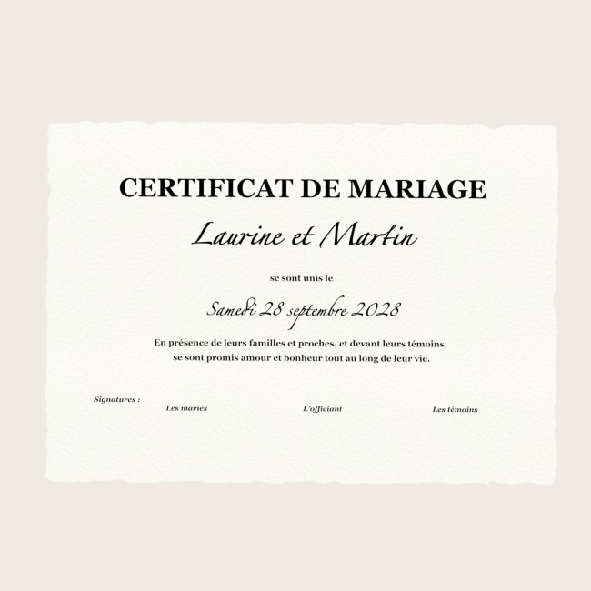 Certificat de mariage laïque, certificat d'union pour mariage Chic et élégant - Papier aquarelle texturé finition déchiré - EPB