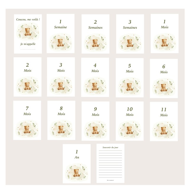 Cartes Etapes bébé - Souvenir photo - 1ère année ou 1ère fois de bébé - Motif Ourson - EP6