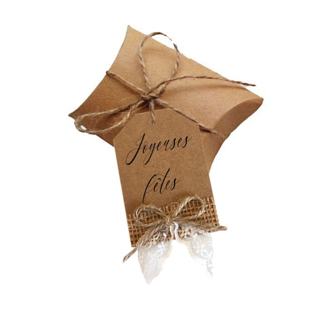 Etiquettes  Joyeuses fêtes - Emballage cadeau Noël - Lot de 8 - Kraft naturel, jute et dentelle - ep4