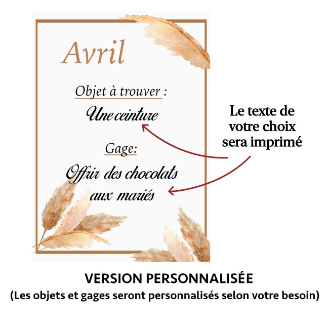 Jeu des 12 mois - Gages Animation mariage  Bohème, champêtre - Modèle Fleur de la Pampa - EPG