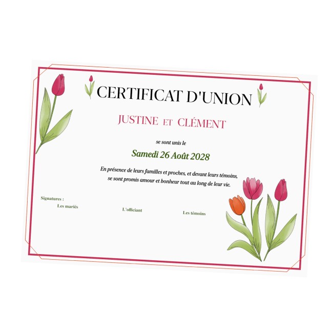 Certificat d'union ou de mariage pour cérémonie Laïque - Motif Tulipe -EP6