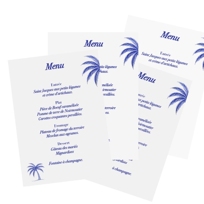 Menu, Carte menu personnalisée motif Palmier bleu - Thème Plage et tropiques - EP3