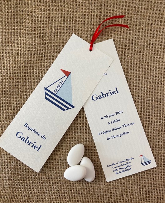 Invitation Baptême OU Faire-part de naisannce  - Thème Marin - Motif Petit Bateau bleu et rouge - EPF