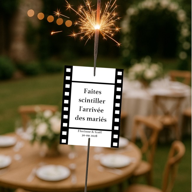 Etiquette personnalisée pour Baton scintillant, cierge magique - Animation mariage Thème Cinéma - EP1