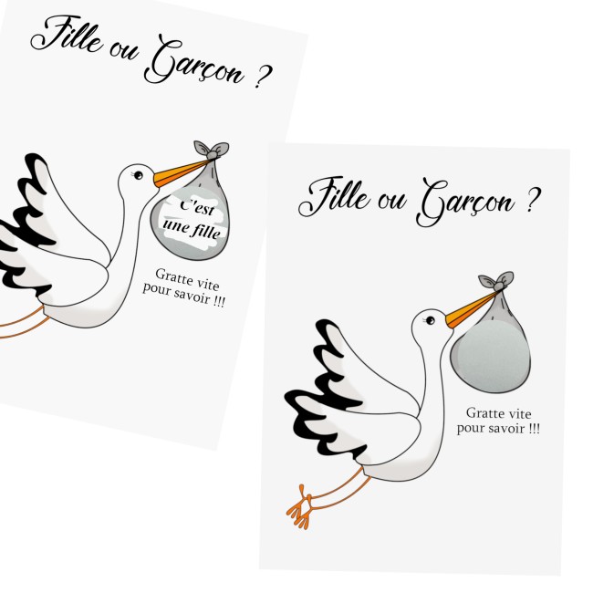 Carte à gratter Annonce grossesse personnalisée - Annonce du sexe de bébé - Cigogne - EP3