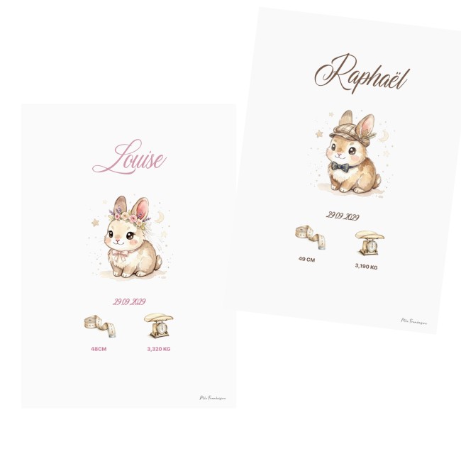 Affiche de Naissance Personnalisée - LAPIN – Décoration Chambre Bébé - EP4