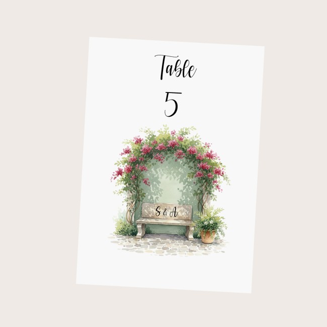 Carte Numéro de table personnalisée - Décoration Mariage ou anniversaire Champêtre romantique - Banc des amoureux - EP5