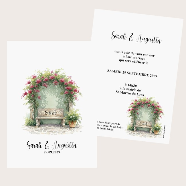 Faire-part de mariage champêtre romantique - Carte Invitation - Le banc des amoureux - EPE