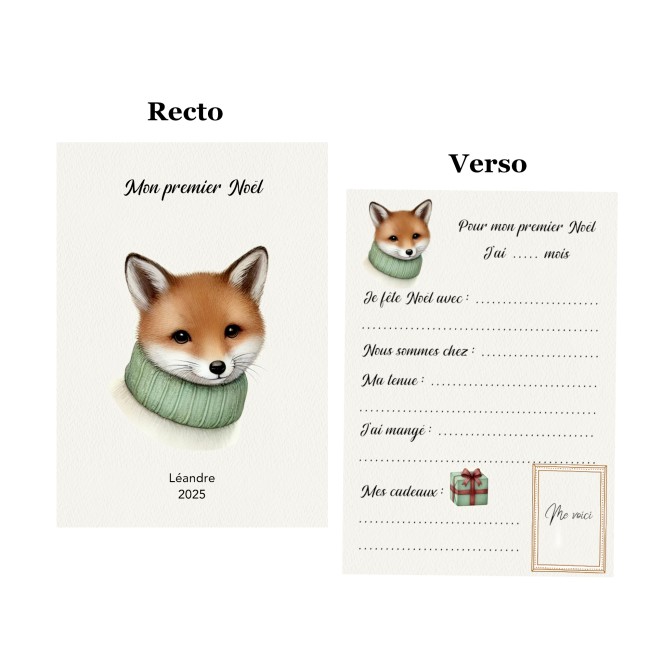 Carte Mon Premier Noël personnalisée - Motif Petit Renard- Souvenir 1er Noël de bébé - EP2 Carte Mon Premier Noël personnalisée - Motif Petit Renard- Souvenir 1er Noël de bébé - EP2