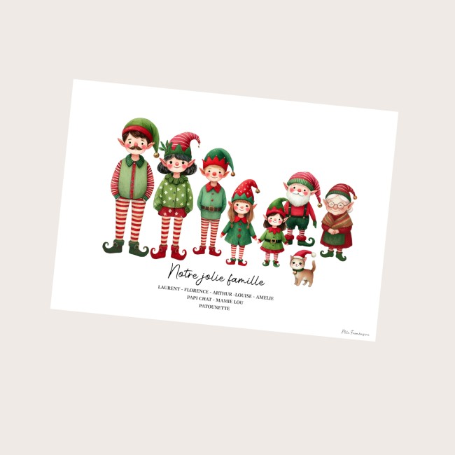 Affiche Famille personnalisée -Décoration de Noël personnalisé -  Cadeau de Noël Motif LUTINS - EPD