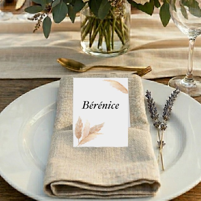 Marque-Place chevalet pour mariage ou  anniversaire, thème Champêtre, bohème - Motif Herbe de la Pampa - EPA