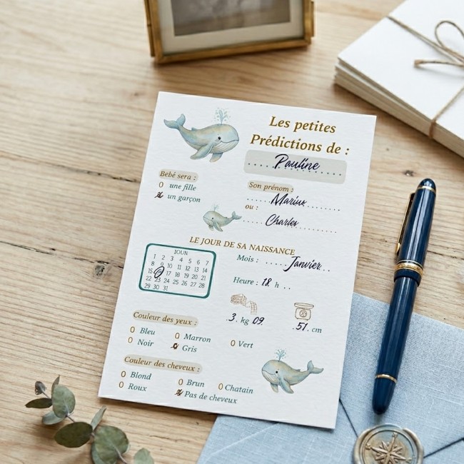 Carte prédiction naissance, Pronostiques, aninmation baby shower et gender reveal - Motif Baleine - EPA Carte prédiction naissance, Pronostiques, aninmation baby shower et gender reveal - Motif Baleine - EPA