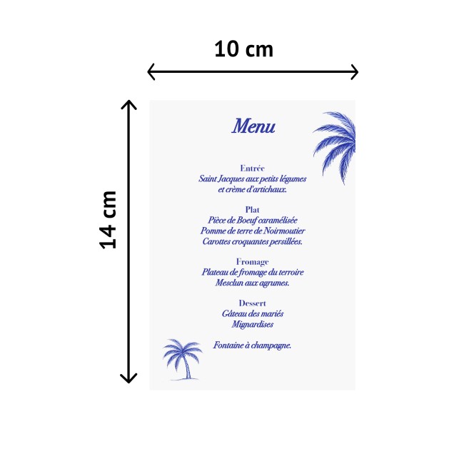 Menu, Carte menu personnalisée motif Palmier bleu - Thème Plage et tropiques - EP2