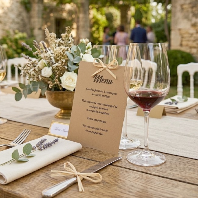 Menu personnalisé en Kraft Naturel et Raphia – Décoration de Table Champêtre Chic _ EPC