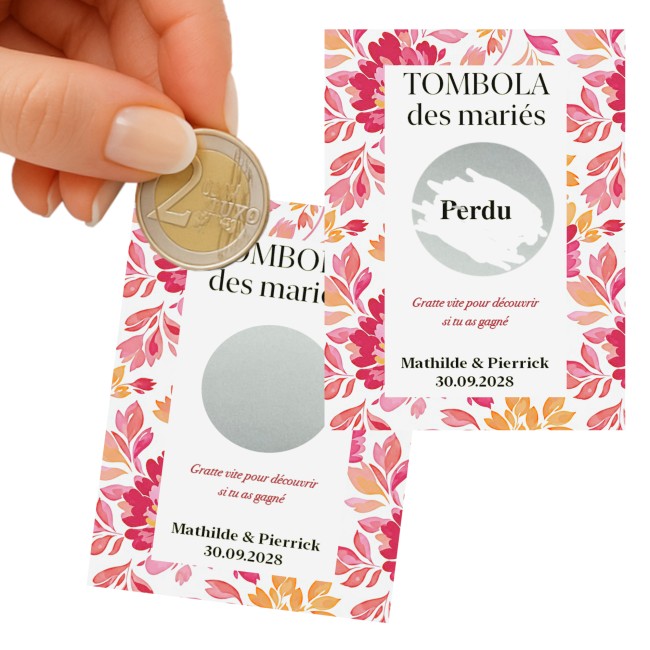 Ticket à gratter Tombola des mariés personnalisé, jeu animation mariage, Thème Botanique romantique - Motif Romantic Folk - EP3