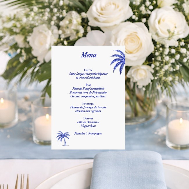 Menu, Carte menu personnalisée pour mariage ou anniversaire Thème Plage et tropiques, Palmier bleu - epb Menu, Carte menu personnalisée pour mariage ou anniversaire Thème Plage et tropiques, Palmier bleu - epb