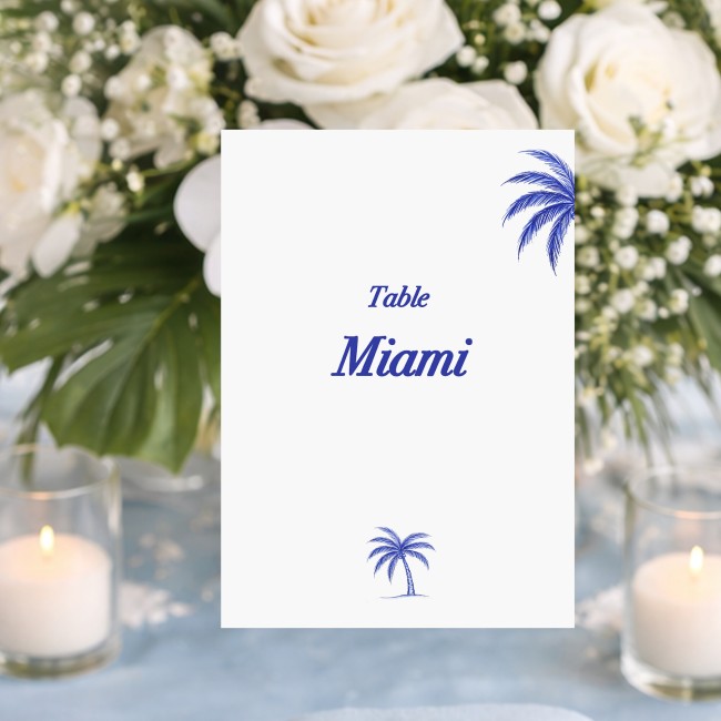 Carte Nom ou numéro de table personnalisée pour Mariage ou anniversaire thème plage et tropique, motif palmier bleu - EP1