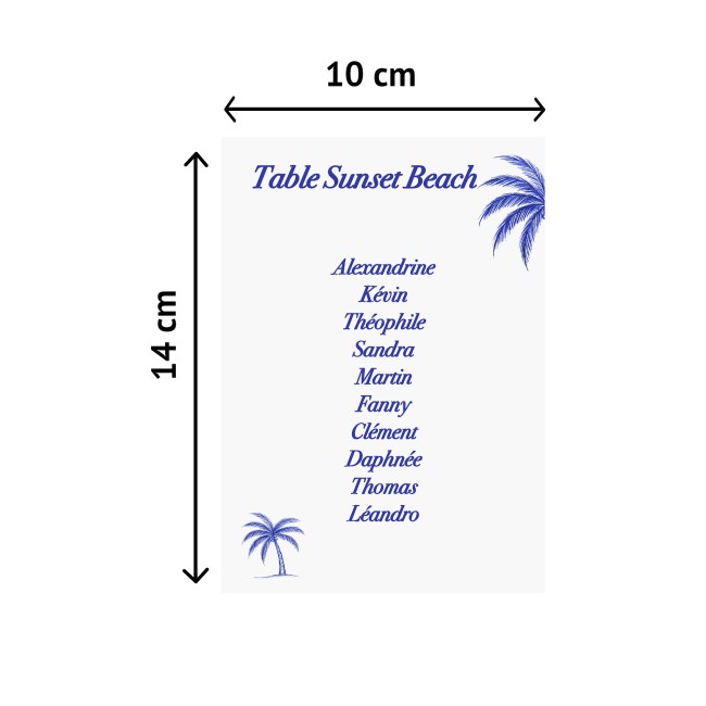 Carte plan de table personnalisée pour Mariage ou anniversaire -Plage et tropiques - Palmier bleu - Chic Azuréen _ EPB