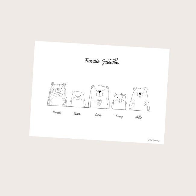 Affiche Famille personnalisée - Famille ours - Décoration murale enfantine minimaliste noir et blanc - Cadeau personnalisé - ep5