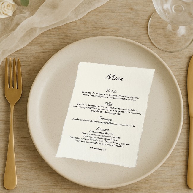 Menu mariage - Carte personnalisée pour mariage - Papier Texturé - Contours effet déchiré - ep3