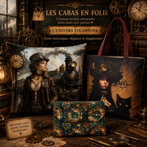 Univers Steampunk avec créations artisanales inspirées de la mécanique, des engrenages et de l’époque victorienne – Les Cabas en folie