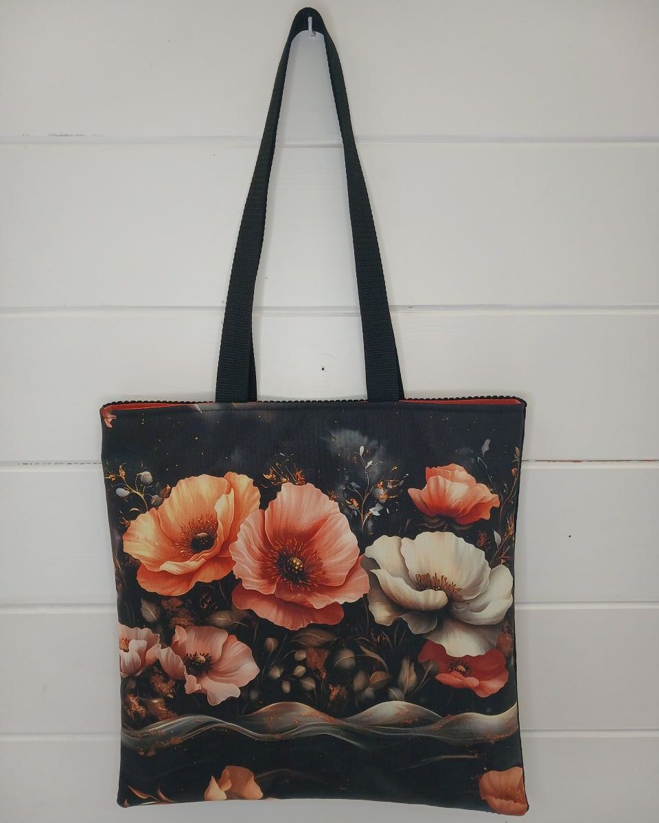 Sac tote bag pour femme fait main, modèle unique en toile polyester imprimée et velours côtelé, doublé coton uni, de fabrication française