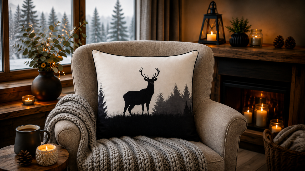 Coussin décoratif cerf inspiré des forêts vosgiennes sur un fauteuil dans une ambiance chalet chaleureuse et cocooning.
